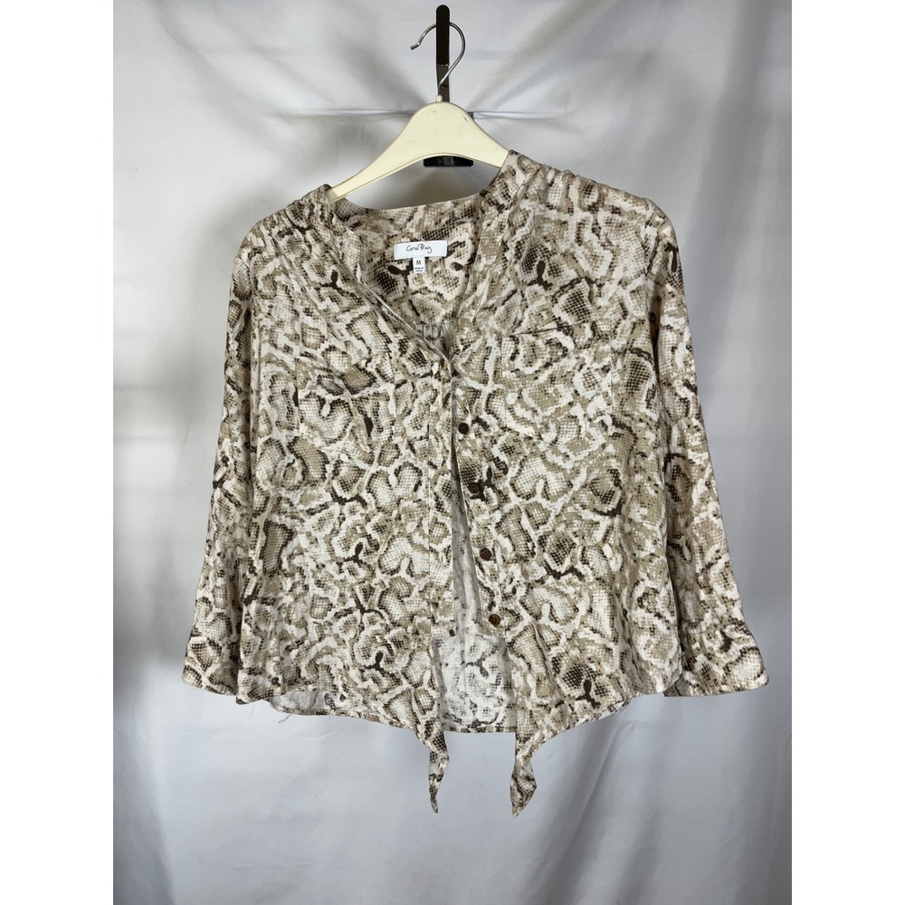 Coral Bay Womens Snakeskin Print Tie Front Button‎ Down Blouse Tan Beige Medium